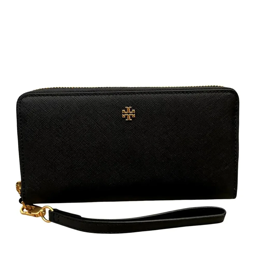 TORY BURCH Emerson Wristlet Zip Continental Wallet Saffiano Leather Black NEW